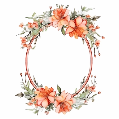 watercolor clipart of a empty suttle dainty floral oval frame surrounded by peach color flowers. Capture the essence of blooming beauty and intricate details in your artwork, white background
