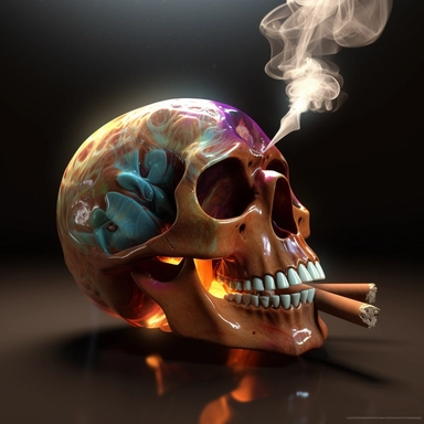fantasy imagery sublimation colorful design of a skull smoking a lighted thick, brown cigar between its teeth 3d render clipart no words no fonts no clipart