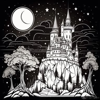 a starry sky with a castle in the foreground for a coloring book for youth outlined illustration. Crisp lines, vector clipart, highly detail, old cartoon drawing style, digital art