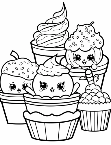 Kawaii muffins with delightful designs and flavors, like blueberry, chocolate chip, and banana For Simple Coloring page,line art, thick lines, black and white,clipart, illustration, on white background,margin Page 10px