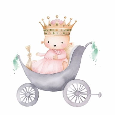 watercolor clipart, adorable knitted kawaii royal baby bear on royal buggy, baby nursery, 8k, hd, isolated on a white background