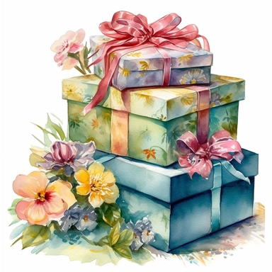 insanely beautiful pile of 3 gift packages , in the style of beatrice potter, 32k uhd, hand-painted details, pastoral illustrations, amazing colour combinations , aquarellist, hd , white background clipart ,-- no watermark--ar 27:37