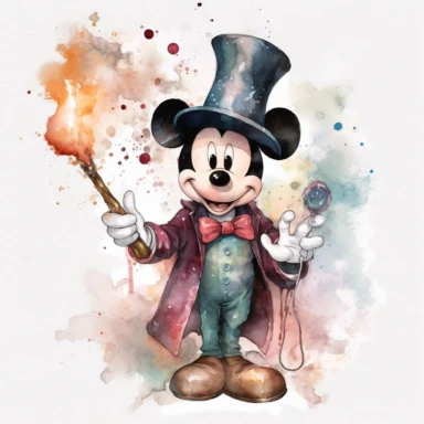 watercolor magician micky mouse , very detailed, clipart, modern style, white background, 8k