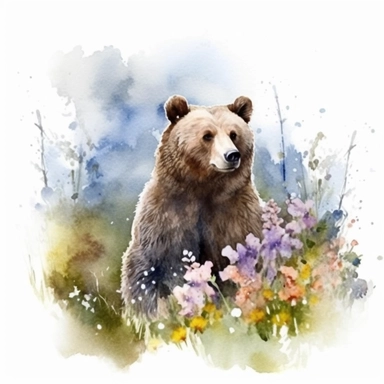 detailed watercolor clipart, photography style, beautiful bear, in a meadow, HDR, spring floral,self shadow, white background