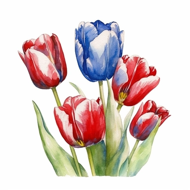 watercolor tulips, red white and blue, union jack, great britain, clipart, white background,