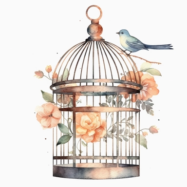 Watercolour clipart of a antique bird cage, separate elements, vintage effect, high quality, soft and muted colours, white background, 8k, f1