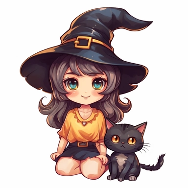Little cute cartoon witch with a cat as clipart on a white background
