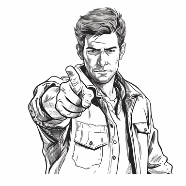 Man in flannel, black line drawing, clipart, with one arm naturally out and hand pointing to his cheek in a finger pistol gesture, black line drawing, Clipart