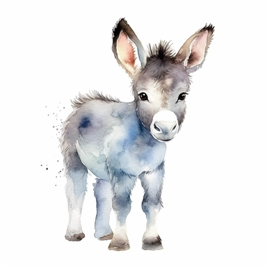 a colorful baby donkey with kind eyes clipart with watercolor illustration,full body shot,8k,etsy style, white background