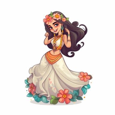 cute girl belly dancer outfit with olorfull flower in her hair with beautiful smile,vector style , clipart, sticker, white background, no shadow, 8k detail