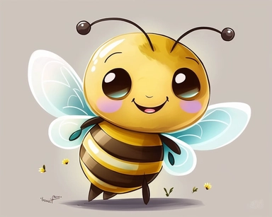 , cute smiling vector bee drawing for clipart, image is on a white background, bee is the focal point hovering in a field, nursery watercolor, in the style of watercolor painting, white background, charming anime characters, cute and colorful, depiction of animals, high quality