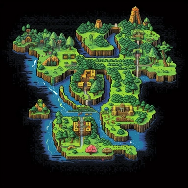 Zelda Link to the pass Game map, 16 Bit Super Nintendo pixelart illustration for t-shirt, clipart, black background