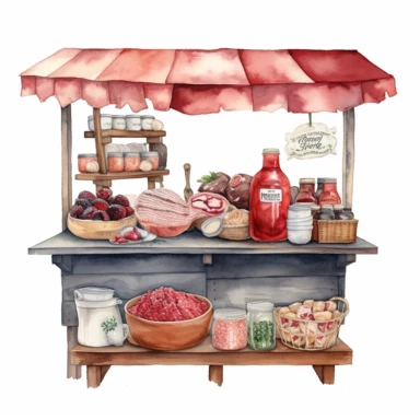 hand drawn ROADSIDE STAND WITH STRAWBERRY JAM AND COUNTRY HAM leg , very detailed and realistic , watercolor, white background with margins, clipart style
