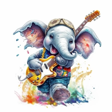 cute Elephant character wearing rock music clothes and music element with happy face,front facing on isolated background,with happy face and expression,Animal Sublimation Clipart,no splash watercolor,white background, ultra detailed clipart, cut out image, colorful watercolor realistic, cartoon style, ultra HD, sharp and clean art