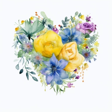 a beautiful watercolor clipart, colorful spring floral heart, yellow flowers, Purple dahlias, earl grey roses, Greenery and ruscus, green flowers, and blue flowers, white background, 8K