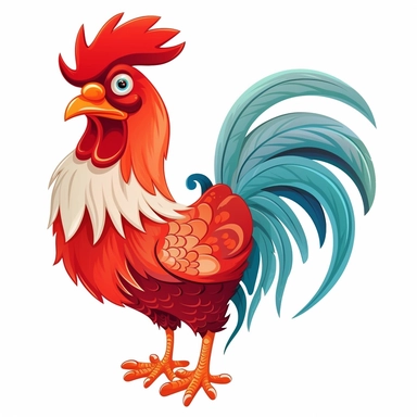 cute fairy tale farm rooster, clipart, white background