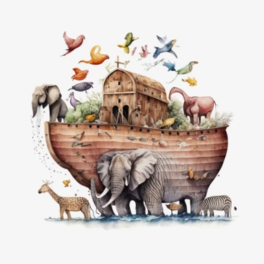 Noah's ark, watercolour illustration, 8k, clear detailed Illustration, cildrens illustration, no shadow, white background, clean background, no items in the background, svg clipart style, png, solid white background