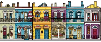 A creative, clipart-inspired interpretation of the French Quarter in New Orleans, Louisiana. Historic buildings are simplified to a series of rectangles and squares with intricate line work to indicate balconies and French doors. Abstract symbols denote the vibrant street life with a minimal touch of Mardi Gras bead strings hanging from balconies. The color scheme features warm yellows and oranges for the buildings, set against a twilight blue sky.