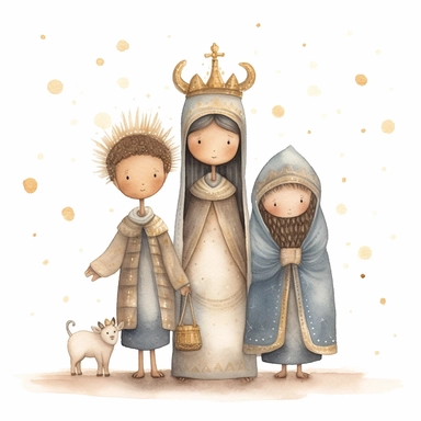 A watercolor painting of a cute nativity with 3 wise men holding gold, frankincense and myrrh, Christmas, cute detailed digital art, inspired by nicoletta ceccoli, by Kubisi art, whimsical and cute, by nicoletta ceccoli, cute detailed artwork, glimmering,