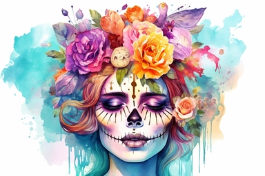 beautiful girl holding a insulin vial, half of her face is a skull, colorful vibrant flowers, watercolor clipart