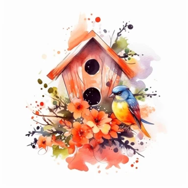 vector clipart, isolated on white background, beautiful lovely Watercolor Spring wooden bird house hanging on the orange bloming tree, ornated, vivid and saturated colors