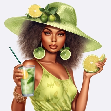 pretty black girl, Sun Straw Hat Wide Brim Summer Hat Foldable Roll up Floppy Beach Hats, pretty, holding a cocktail drink, lime green outfit, 4k, hd, clipart