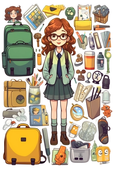 Stickers, Clipart, Full body display, Knolling layout, cute Teacher themed, accessories neatly placed in equal proportion, Super Giant Pitch, larger spacing, exquisite elements, stationery set, vector stickers, high detail, charater sheet, Planner Stickers, Bright Colors, Hand Drawn Artwork, anime style, single design, 8k, in white background, appropriate blank