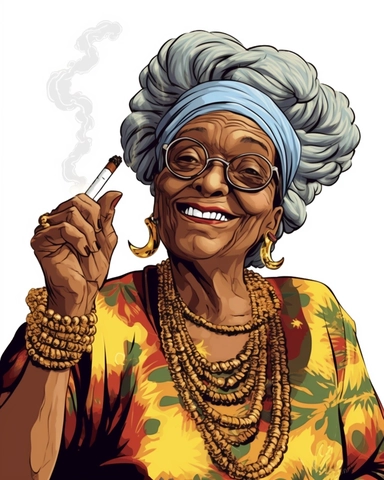 laughing funny Comic Book style Sassy hip African American Boho chic Grandma with long goddess braids puff puff pass Smoking a cuban cigar with smoke on the end tip og cigar clipart