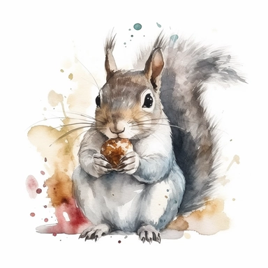 Cheeky gray squirrel with a cheek full of nuts, watercolor, clipart, on isolated on white background.