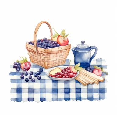 watercolour blueberry Gingham summer picnic clipart, white background, no text