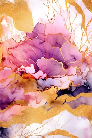 beautiful gorgeous alcohol ink of gold serene nature scene with a central focus on a pink tiger , minimalist style, crystals, glam, glossy, glitter texture, liquid ink clipart, modern and stylish design, bright colors, 300 dpi, clear decoration, clear white background, highly detailed digital art, 8k