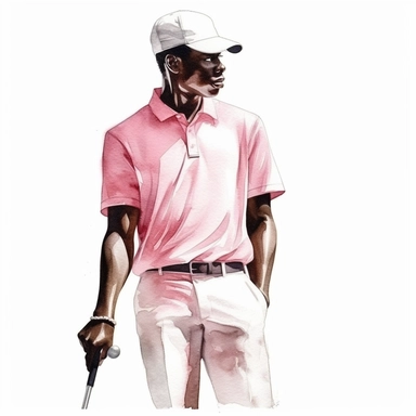 Idyllic watercolor clipart of a young black modern male golfer with dark hair in white and pink close-fitting sports golf clothes standing upright taking a golf shot, isolated on a pure white background, insane detail,