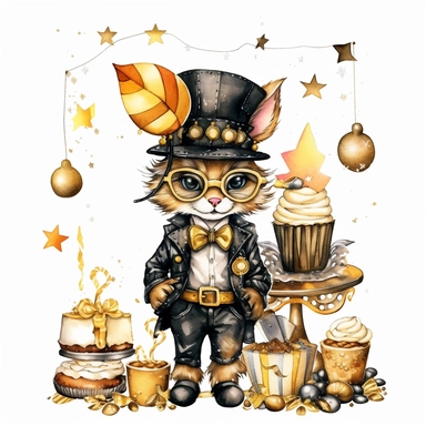 Steampunk Birthday Party Animal Clipart, black and gold colors, Steampunk, watercolor, sweet, happy, high resolution, transparent white background no captions