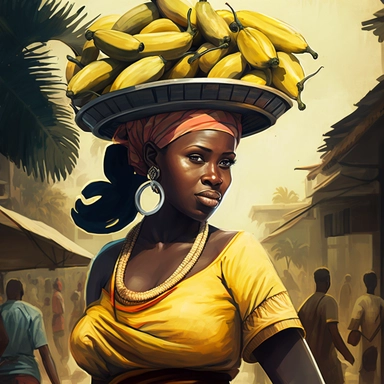 african woman walking around with a tray of bananas on her head for sale in a busy douala market clipart