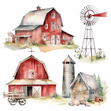 Watercolor Barns Clipart. Farm Style. Red Barn House, Horse, Tractor, Windmill, Wood Gate Illustrations. Wedding Invitation DIY white background