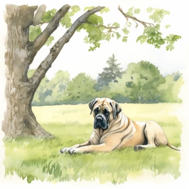 An outdoor scene depicting an English Mastiff enjoying a peaceful day in nature, perhaps lying under a shady tree or exploring a grassy field, showcasing the breed's love for outdoor activities and its gentle nature, with a white background and watercolor clipart.