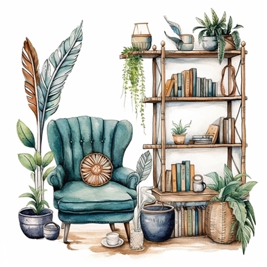 A boho style home corner with watercolor effect, boho furniture, boho style tools, feathers, boho style details, boho colors, suitable for digital clipart, white background, boho style green plants