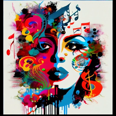 a painting of a woman's face surrounded by musical notes, by Zelma Blakely, shutterstock contest winner, funk art, clipart icon, creative commons attribution, eyecandy, mission arts environment, color splash, euphoria, memphis design, portrait of a young teenage girl, polyphonic bio - communications, beautiful avatar pictures, high colors compression, musical, gorgeous colors