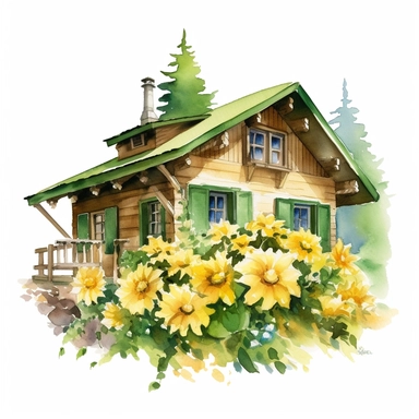 Chrysanthemum Chalet - From the Whimsical Botanical Dwellings collection, this watercolor clipart depicts a charming chalet made from Sunflower Yellow chrysanthemums and Fern Green leaves. This cozy mountain dwelling stands out from the white background, showcasing the cheerful yellow and lush green colors.