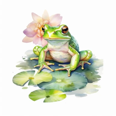 watercolor green frog on floral lily pad in the water clipart, white background