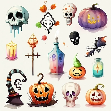 random halloween items. generate new ideas each time. some cartoonish design and some watercolor. and some of both. white background. no tags. CLIPART!!