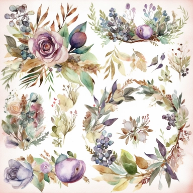 Design a set of watercolor-style digital cliparts specifically for wedding and event decorations. The cliparts should include elements such as flowers, garlands, wreaths, ribbons, and romantic symbols like hearts and doves. Consider various color palettes and styles to cater to both traditional and modern weddings and events. The cliparts should be versatile and suitable for use in invitations, save-the-date cards, menu cards, table cards, seating charts, and other decorative elements