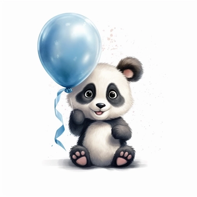 a cute and ultra fluffy baby panda holding a balloon, disney style, clipart on white background