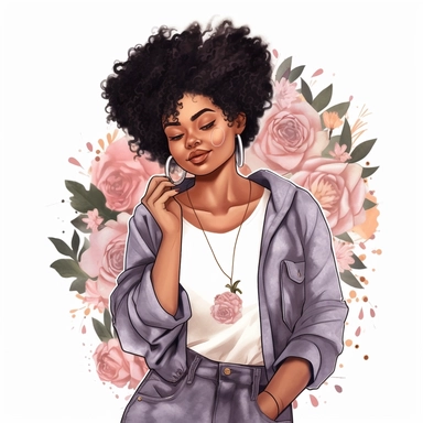 ultra detailed Black Girl Self Love Clipart, solid white background, cozy outfit, beautiful, super cute , super hot, self love, peaceful, watercolor, floral, contour, PHOTOREALISM portrait , by ANIMATION