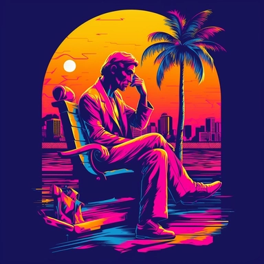 Design a captivating clipart featuring a retro-inspired portrayal of The Thinker sculpture with a Vice City twist. Create a stylish and contemplative character that combines the intellectual depth of The Thinker with elements reminiscent of the vibrant 1980s Miami aesthetic. Incorporate bold colors, neon lights, palm trees, and retro patterns to evoke the Vice City atmosphere. Infuse the clipart with an air of introspection and urban coolness, showcasing the fusion of intellectual curiosity and 
