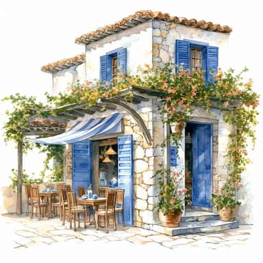 Rustic Greek taverna with a blue and white awning, nestled in a traditional stone building with ceramic pots of colorful flowers outside. Watercolor Cafe Storefront Clipart, hyper-realistic, intricate detail, white background