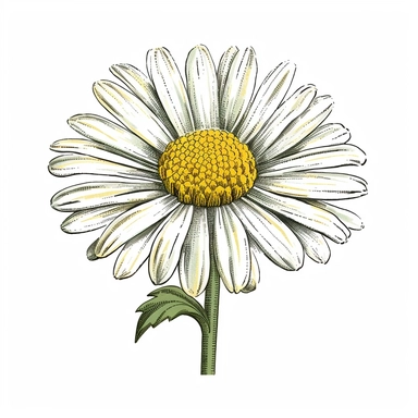 Envision a hand-drawn, detailed clipart of a daisy flower. The daisy is vibrant and fresh, with its central disk a cheerful yellow and the surrounding delicate petals rendered in a crisp white. The petals fan out symmetrically, creating a harmonious and balanced design. The slender green stem holds one or two softly serrated leaves, adding a touch of green to the scene. Despite the simplicity of a daisy, every detail is captured beautifully in this design, from the subtle textures of the petals 