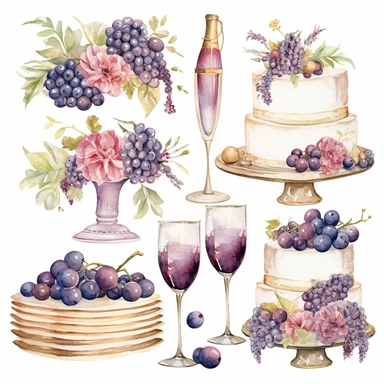 vector collection, wedding, feast, wine glasses, balloons, ribbons, party, happiness, wedding cake, bouquet, flowers, clipart, watercolor, 8k, white background.