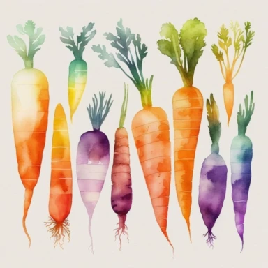 Design a series of watercolor carrot cliparts in various sizes and colors, such as orange, yellow, and purple.