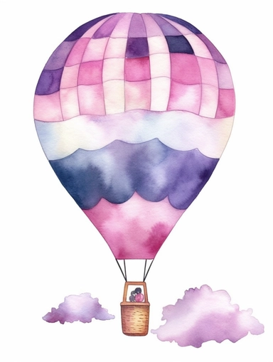 watercolor clipart with white background, hotair balloon with pink and purple pattern floating in the couds, flat design, clearly defined separated image, high quality